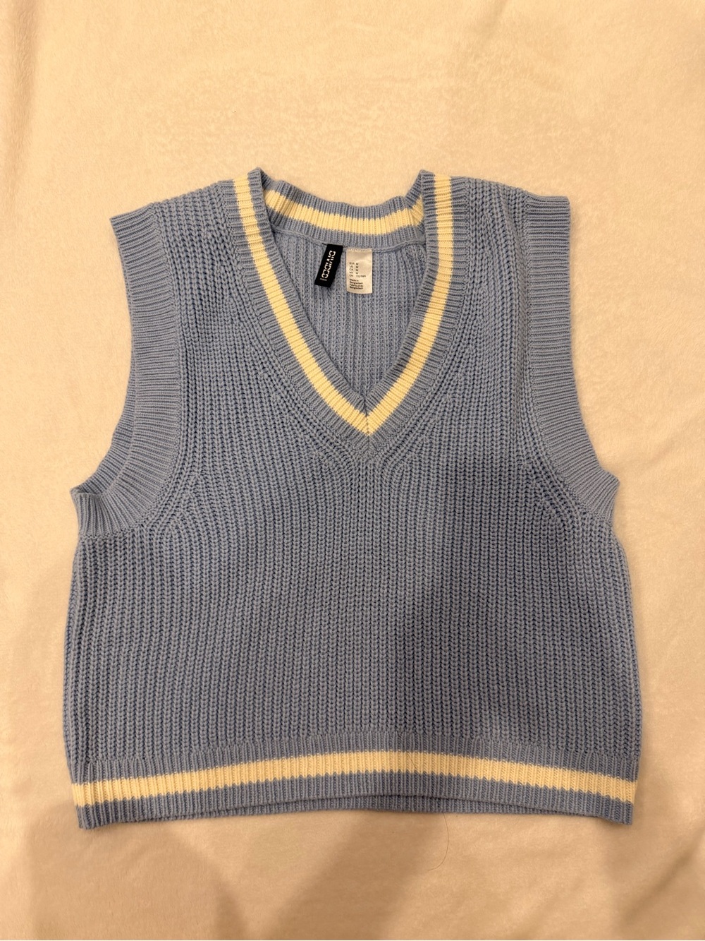 H&M Women's V-Neck Knit Sweater Vest in Light Blue with Cream Trim